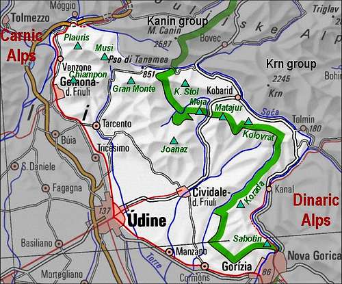 dinaric alps map. Julian Pre-Alps group map