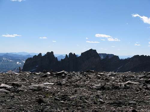 View of the Mt. Villard Spires from the broad plateau on top of Cairn Mountain.