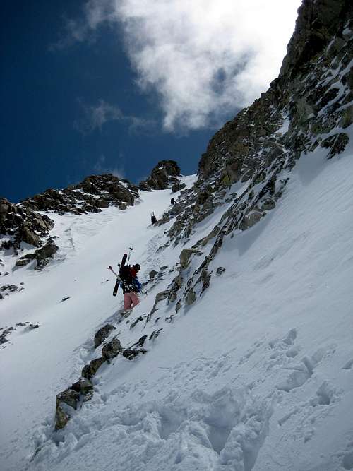 Climbing Mount Lindsey to go backcountry skiing. 
